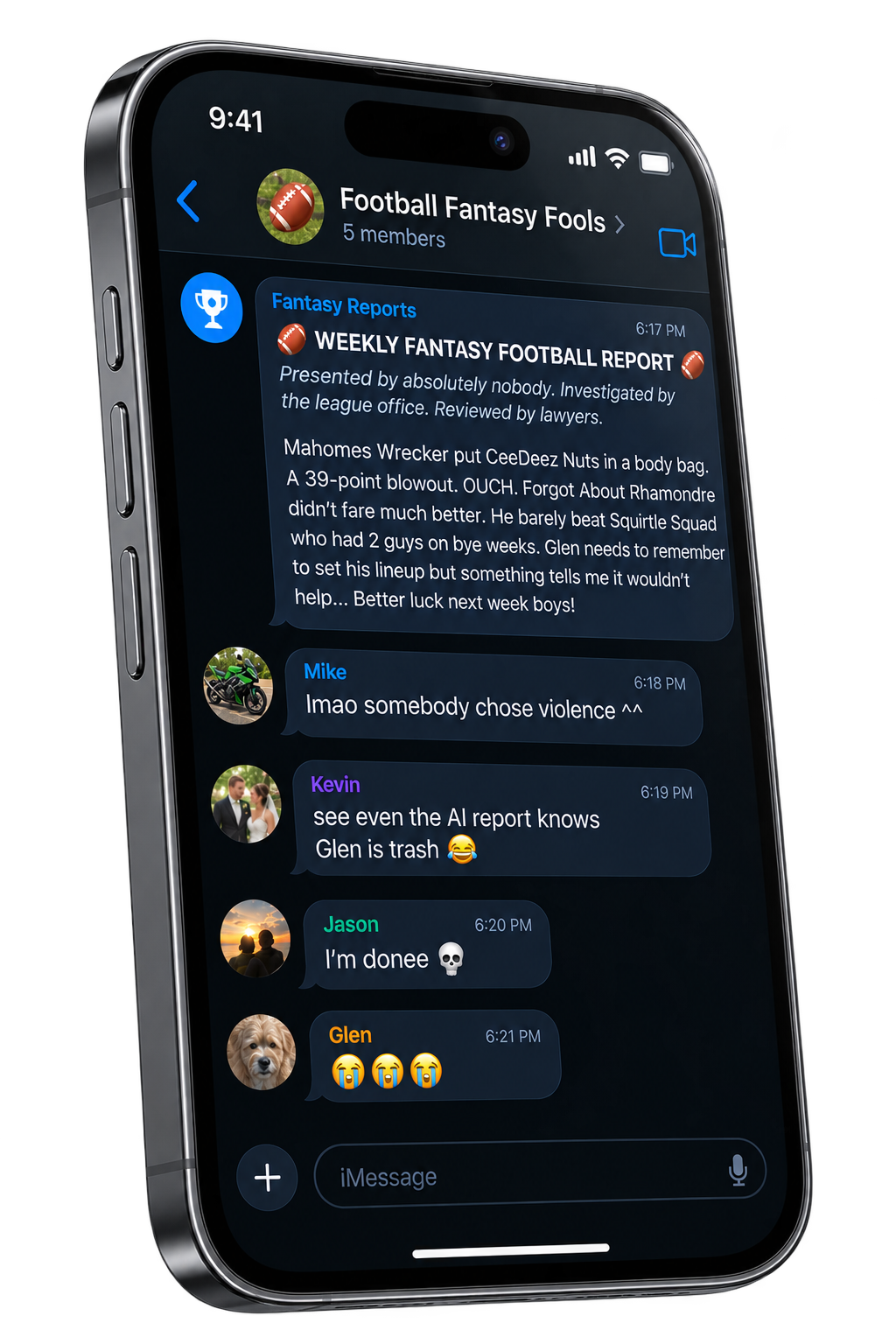 A weekly AI fantasy football recap dropped into a group chat